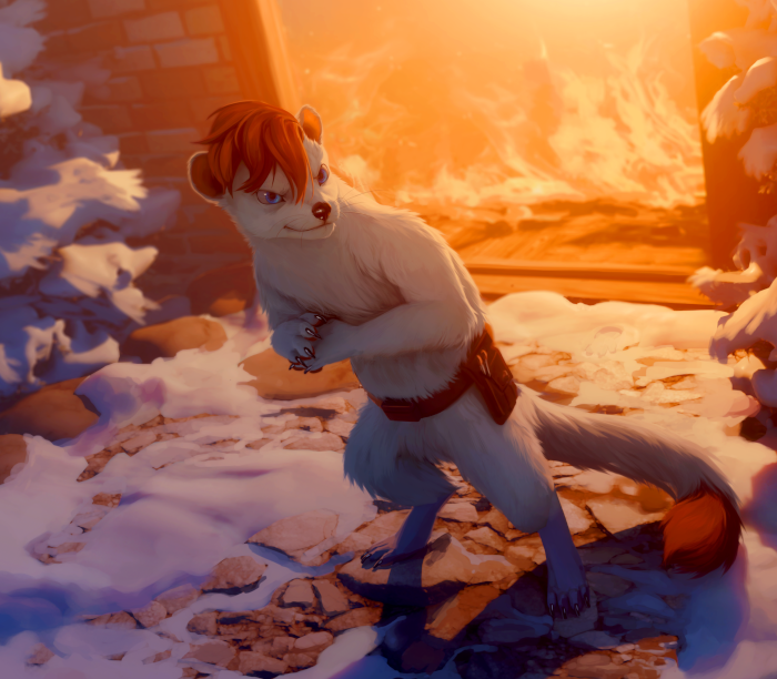 Blitz standing in front of a burning building.