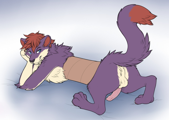 Blitz sitting half through a tube, with an erection.