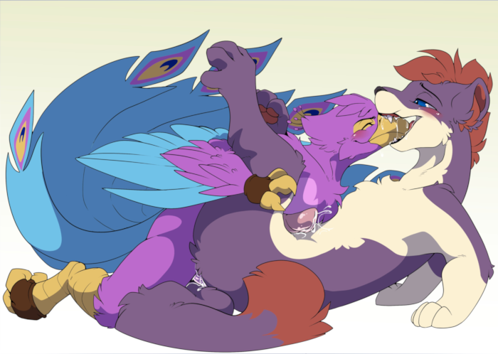 Blitz nibbling on the beak of a bird friend as he takes it in the ass.