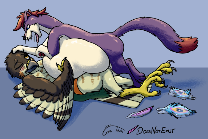 Blitz pinning a bird down with his full belly, and a scattered drooling feathers around him.