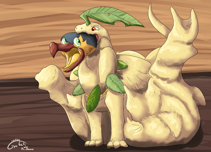 A Bayleef who has already swallowed up Drythkalt and is still eating.