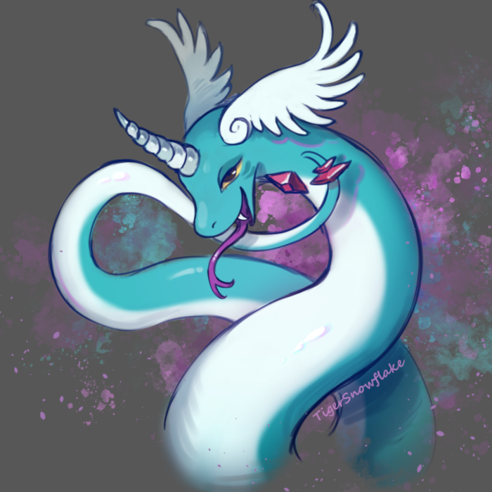 Gwini with his tail up against his neck in a seductive manner.