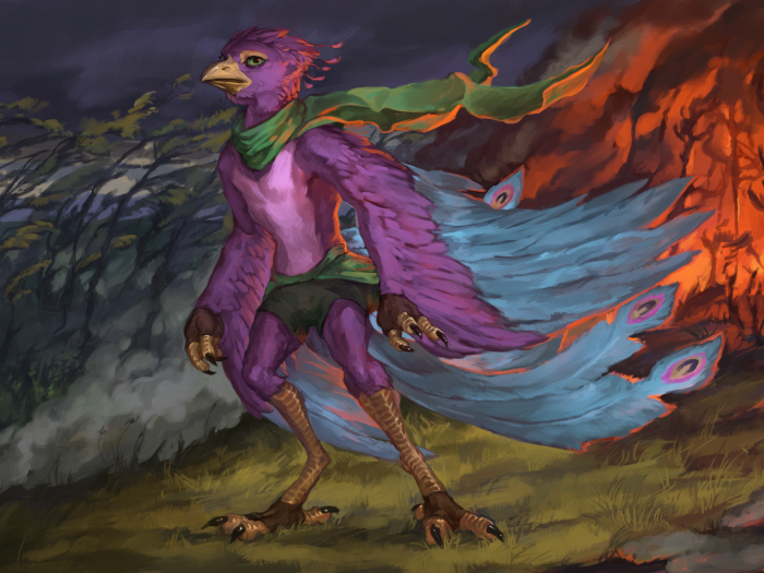 Gyro standing between an inrush of the ocean and a wildfire.