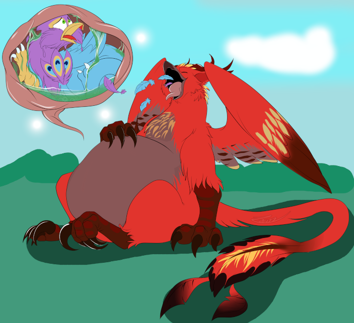 Gyro in a gryphon's belly as they belch up his feathers.