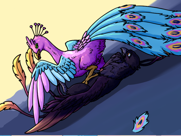 Gyro showing off his cloaca to a phoenix as he pins them down.