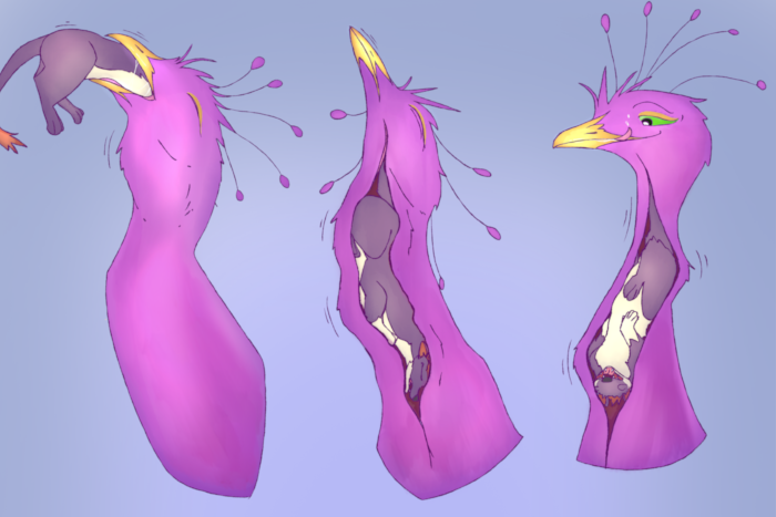 Gyro in the process of swallowing down Blitz the stoat.