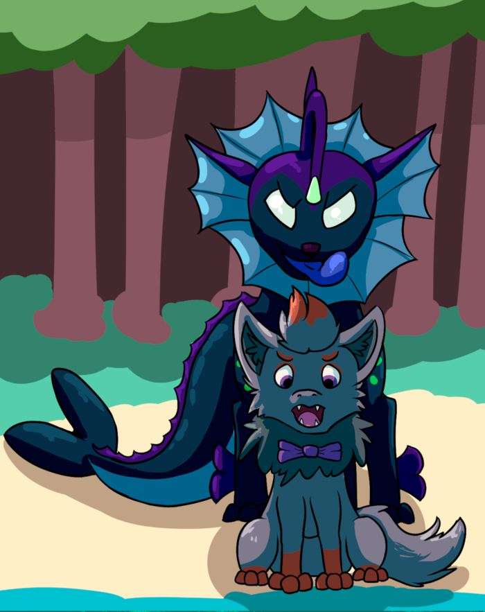 K'Aazast lurking behind a treat, lickign thier lips.