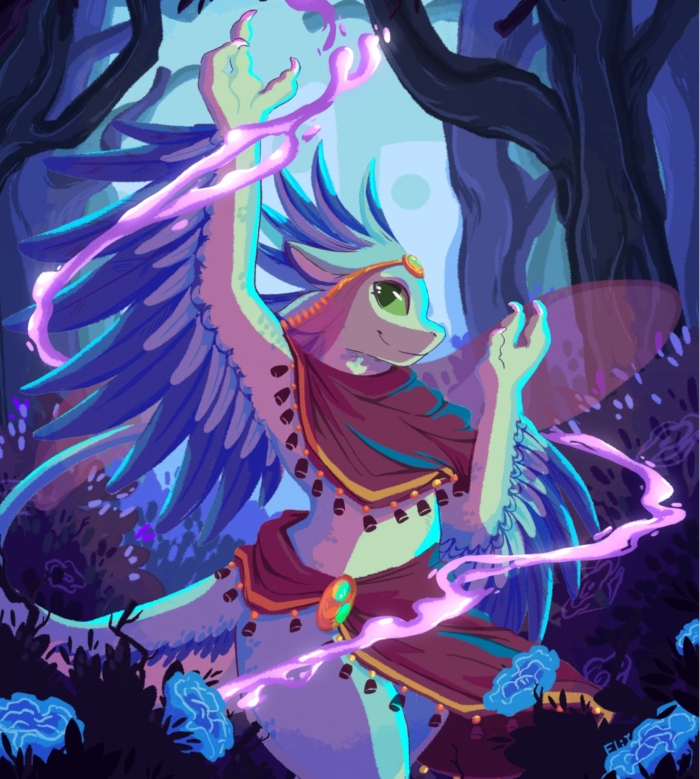 Luvashi in traditional garb exploring a magical forest.