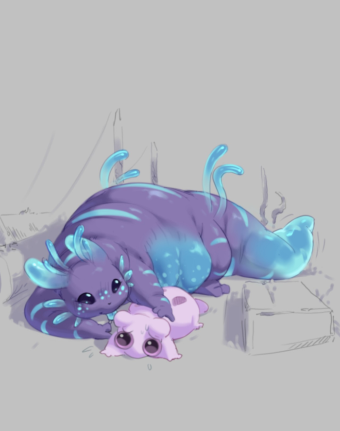 Yoku looking a little chubby and snuggling a cute lanturn mouse.